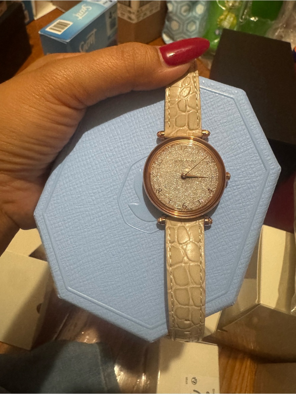Swarovski Rose Gold Case Glitter Dial Watch with Blush Croc-Embossed Strap